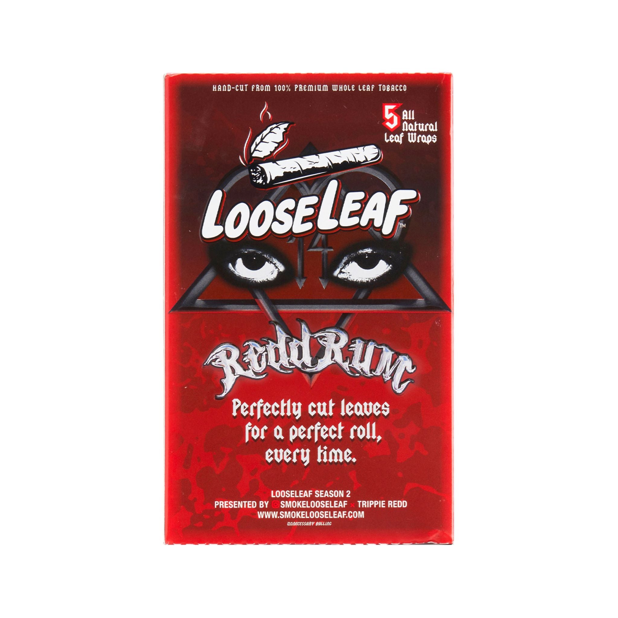 Back of LooseLeaf Redd Rum Wraps box, featuring Trippie Redd’s signature gothic aesthetic, bold eye design, and premium craftsmanship details.