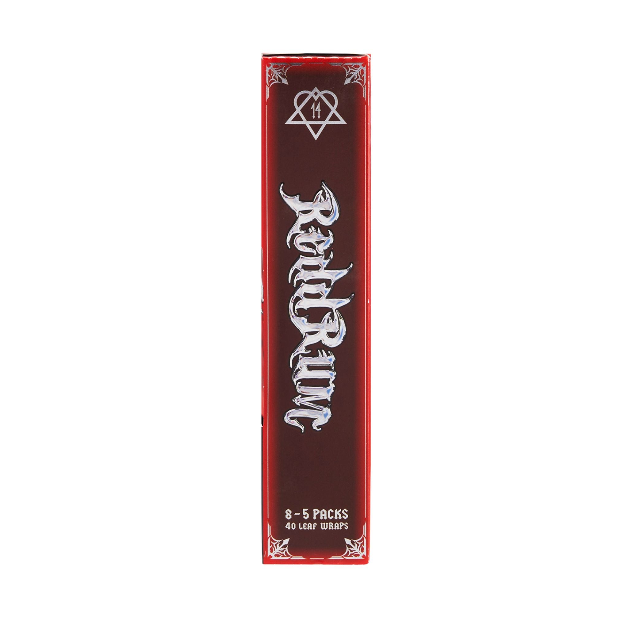 Side view of LooseLeaf Redd Rum Wraps box, featuring gothic silver lettering, red gradient background, and collaboration symbols.