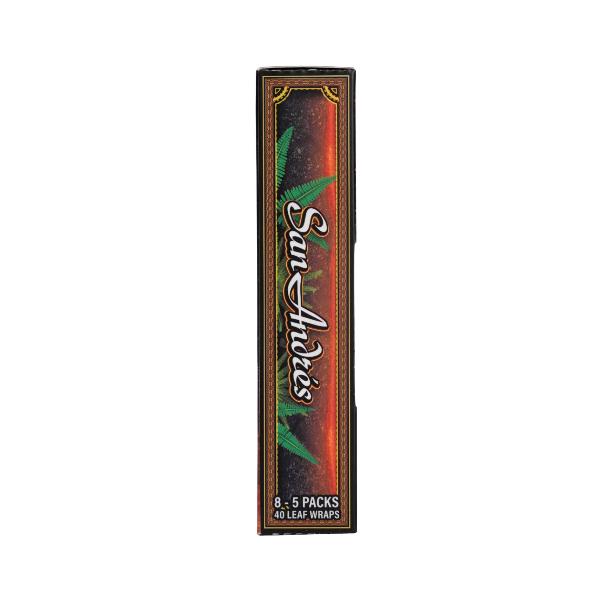 LooseLeaf San Andrés rolling wraps box, featuring 8 packs of 5 premium-crafted, slow-burning wraps. Luxury smoking with effortless rolling.