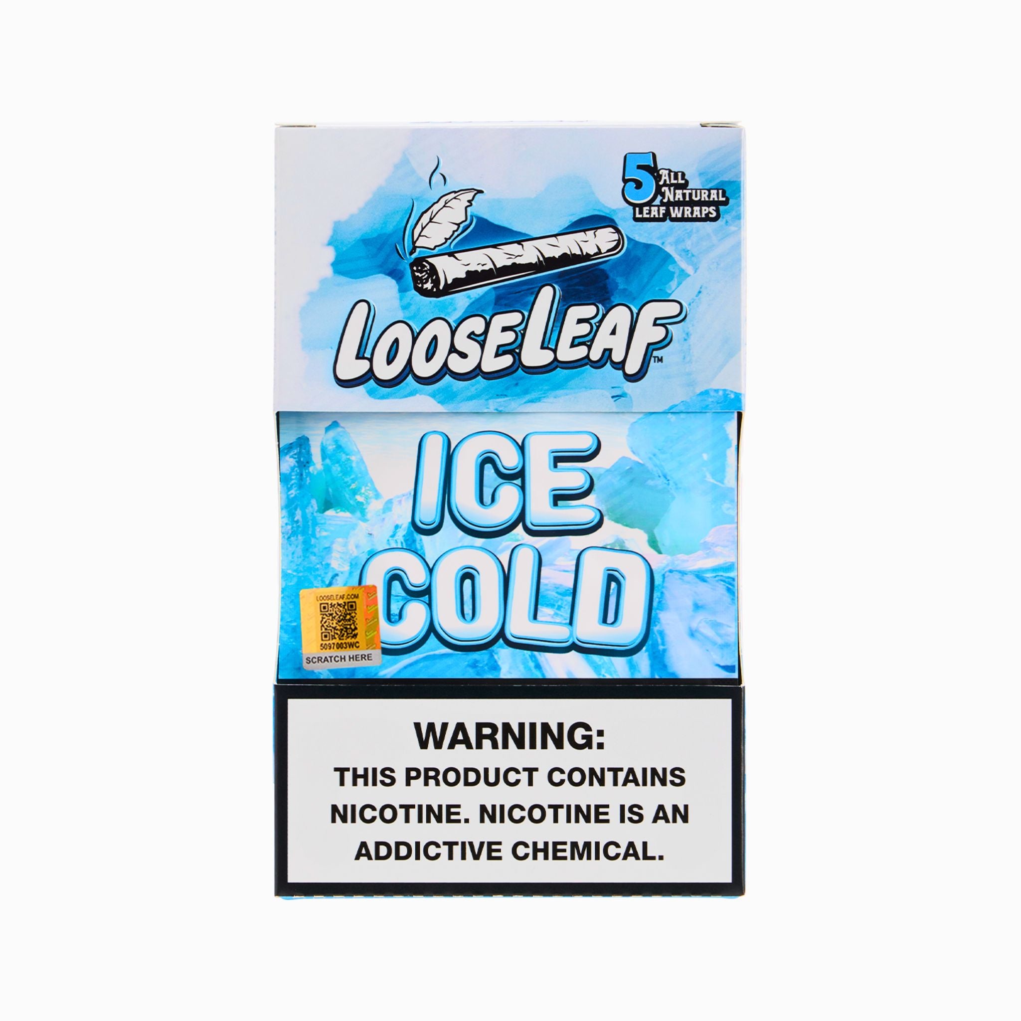 LooseLeaf ICE COLD Tobacco Wraps – Frosty blue packaging with ice graphics, premium 5-pack label, and nicotine warning.