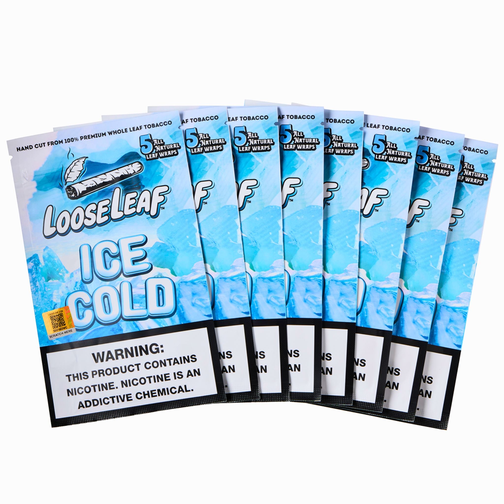 LooseLeaf ICE COLD Wraps displayed in a fan arrangement, highlighting the refreshing minty tobacco wrap experience.