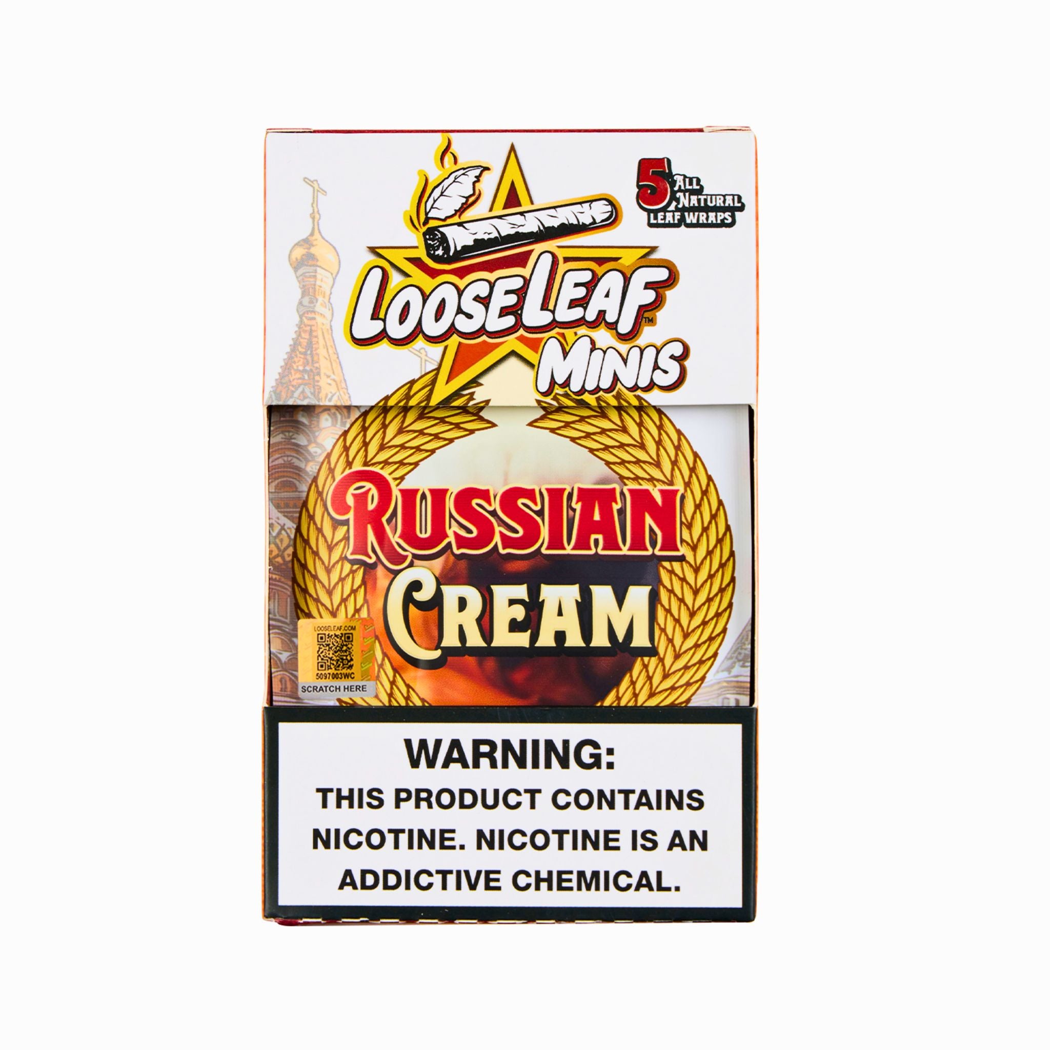 Front view of LooseLeaf Russian Cream Minis box featuring bold branding