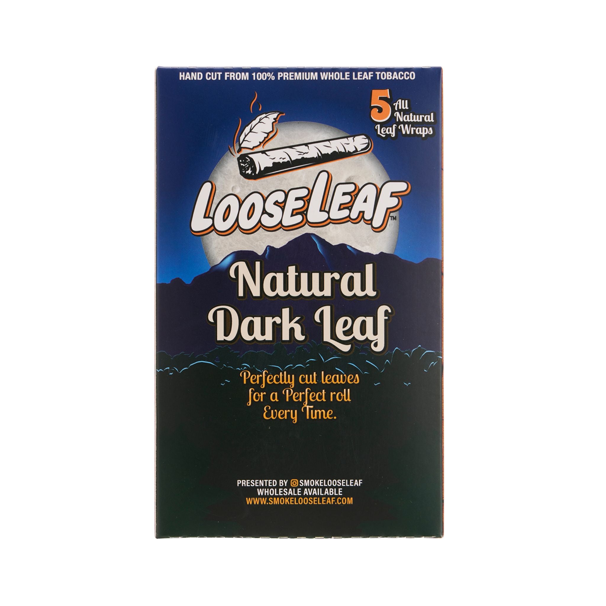 Back of LooseLeaf Natural Dark Leaf Wraps box, featuring product details and a mountain landscape emphasizing natural quality.