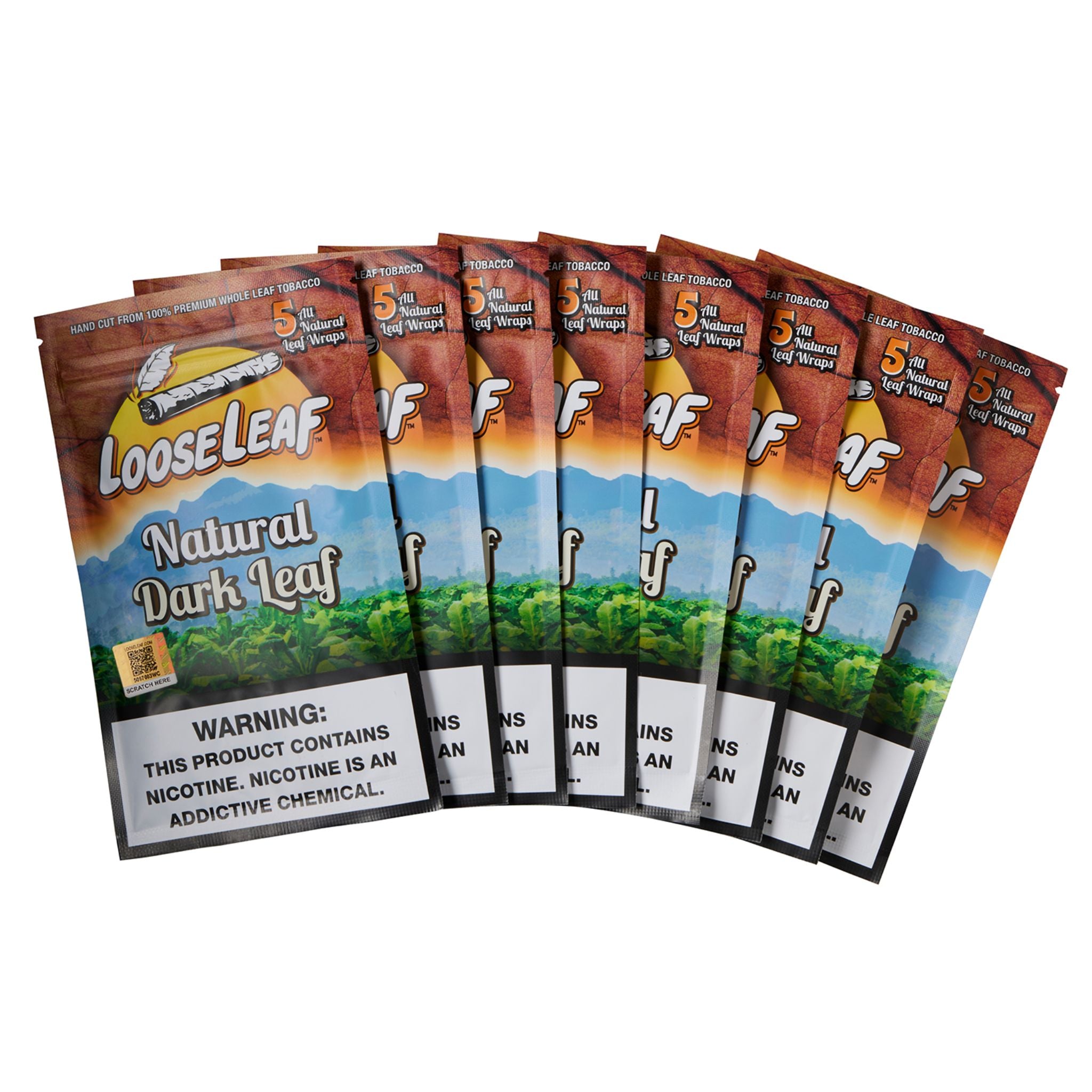 LooseLeaf Natural Dark Leaf Wraps arranged in a fan display, showcasing the premium dark leaf design and branding.