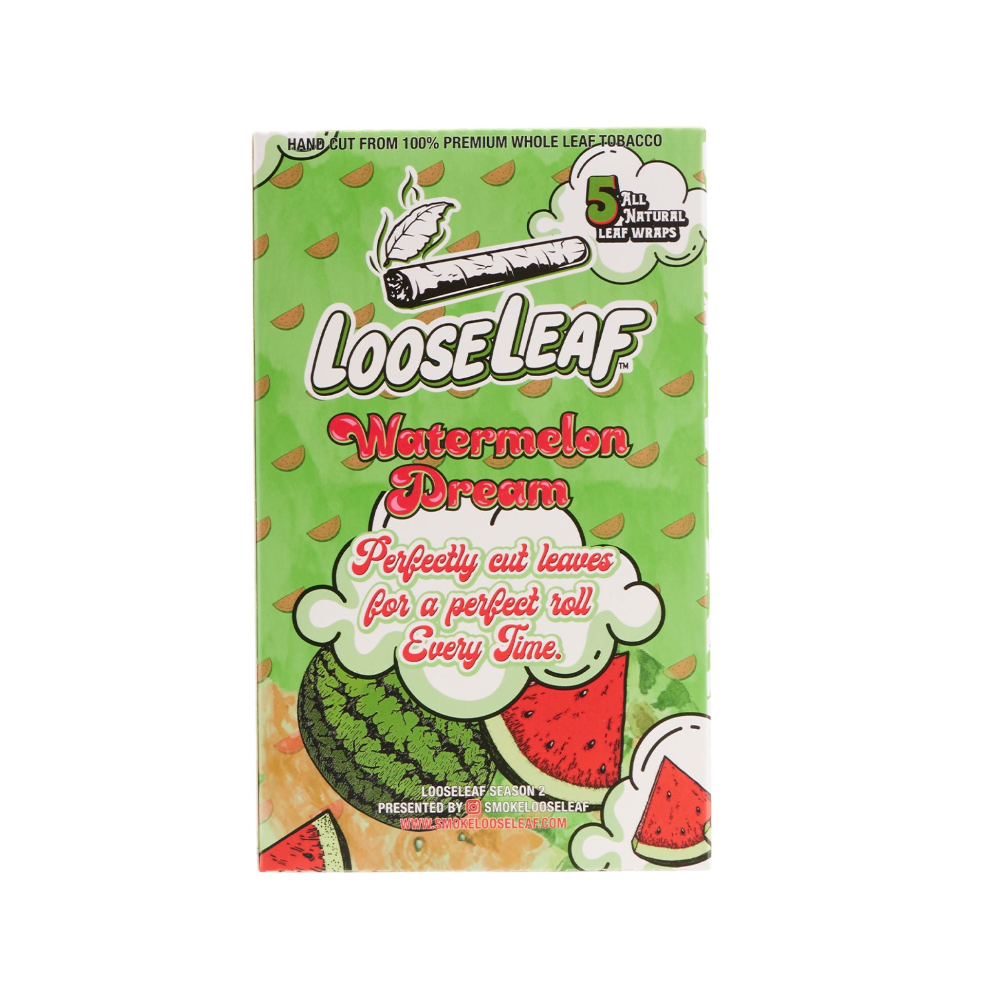 LooseLeaf Watermelon Dream Wraps packaging, highlighting the smooth roll, slow burn, and tropical watermelon flavor.