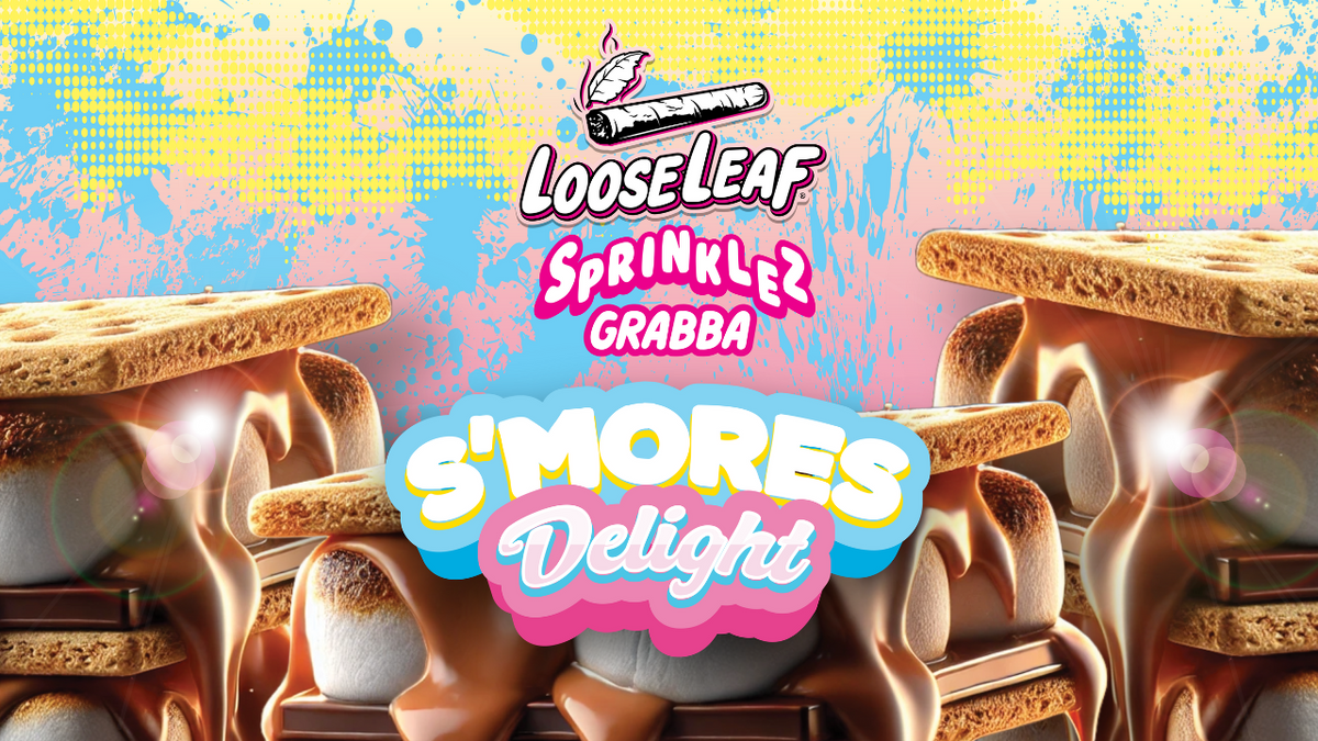LooseLeaf x Sprinklez S’mores Delight artwork featuring stacked graham crackers, melted chocolate, and marshmallows with colorful graffiti-style branding for the Crush Collection flavored grabba tobacco.