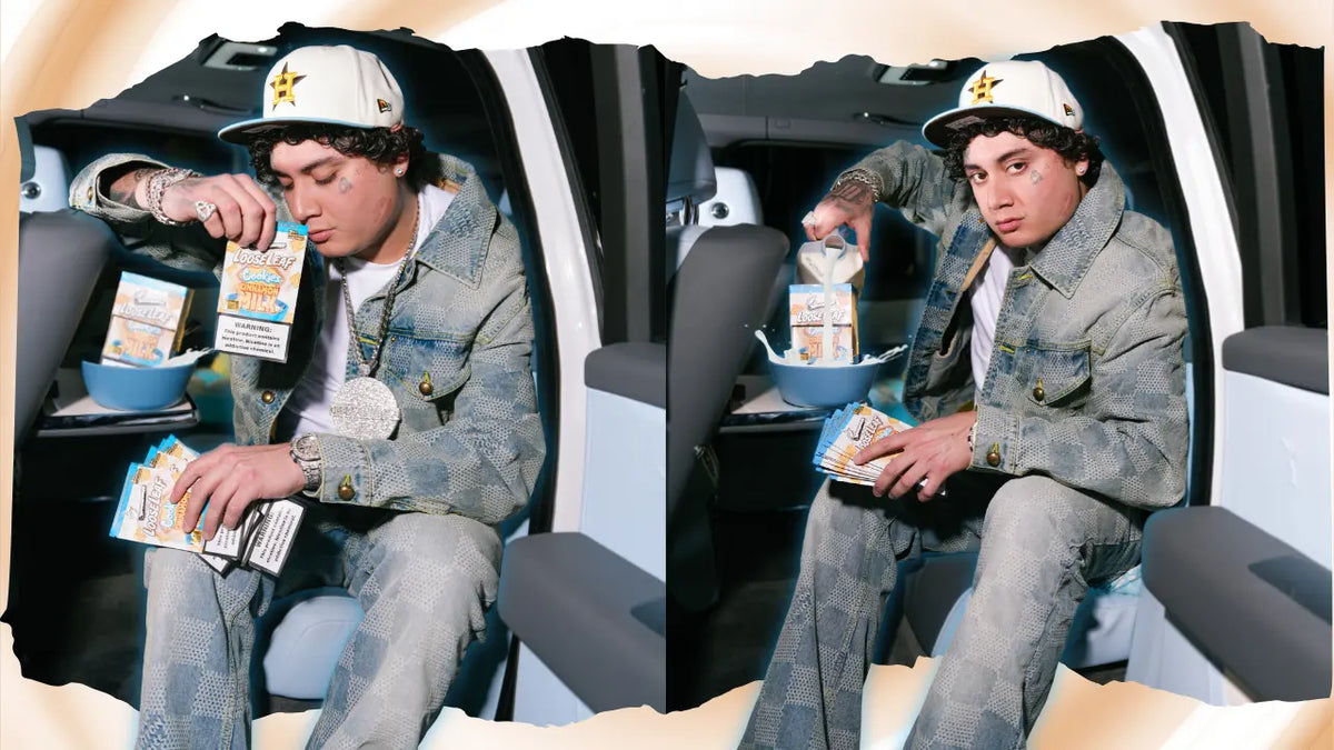 LooseLeaf x Cookies Cinnamon Milk collab artwork featuring rapper holding premium Cinnamon Milk packs inside a luxury car, with cereal bowl prop and streetwear styling.