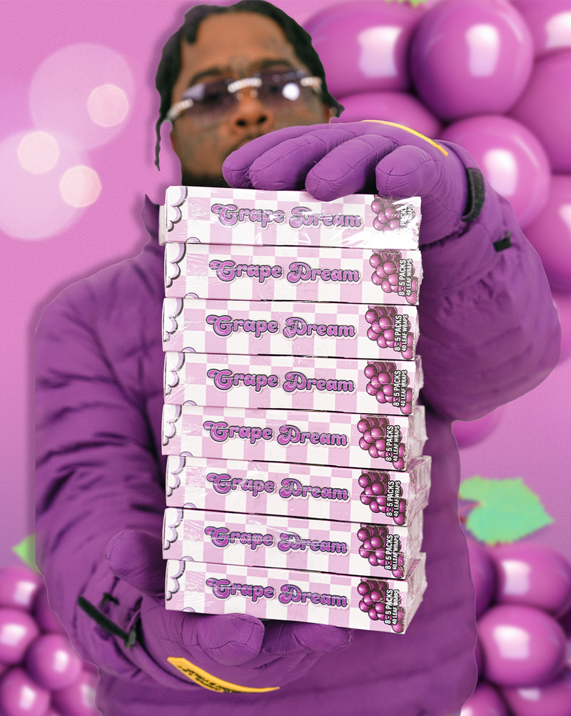 03 GREEDO holding Grape Dream Loose Leaf packages against a purple background
