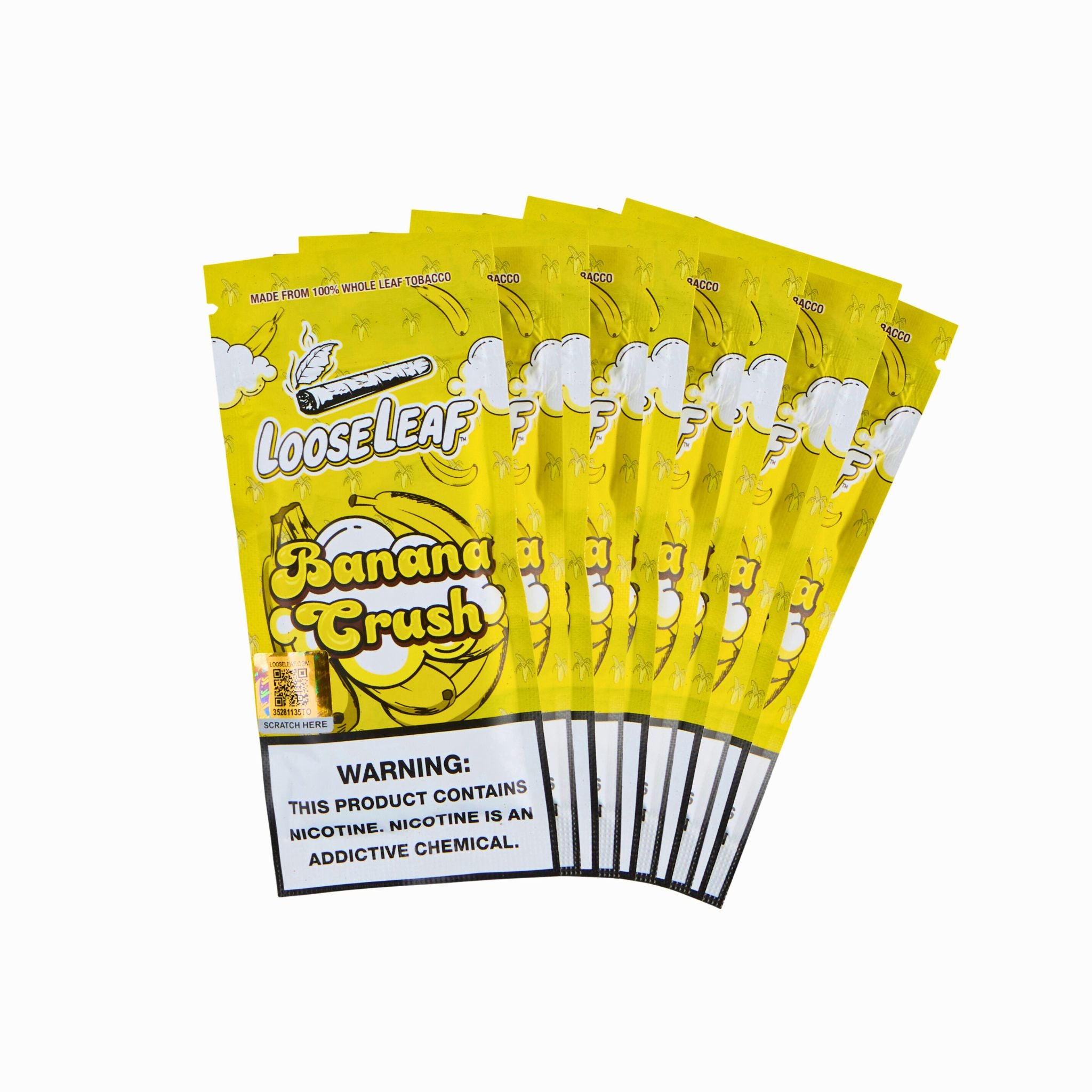 Banana LooseLeaf Crush packs fanned out, featuring rich banana flavor and smooth-burning tobacco blend for premium rolling.