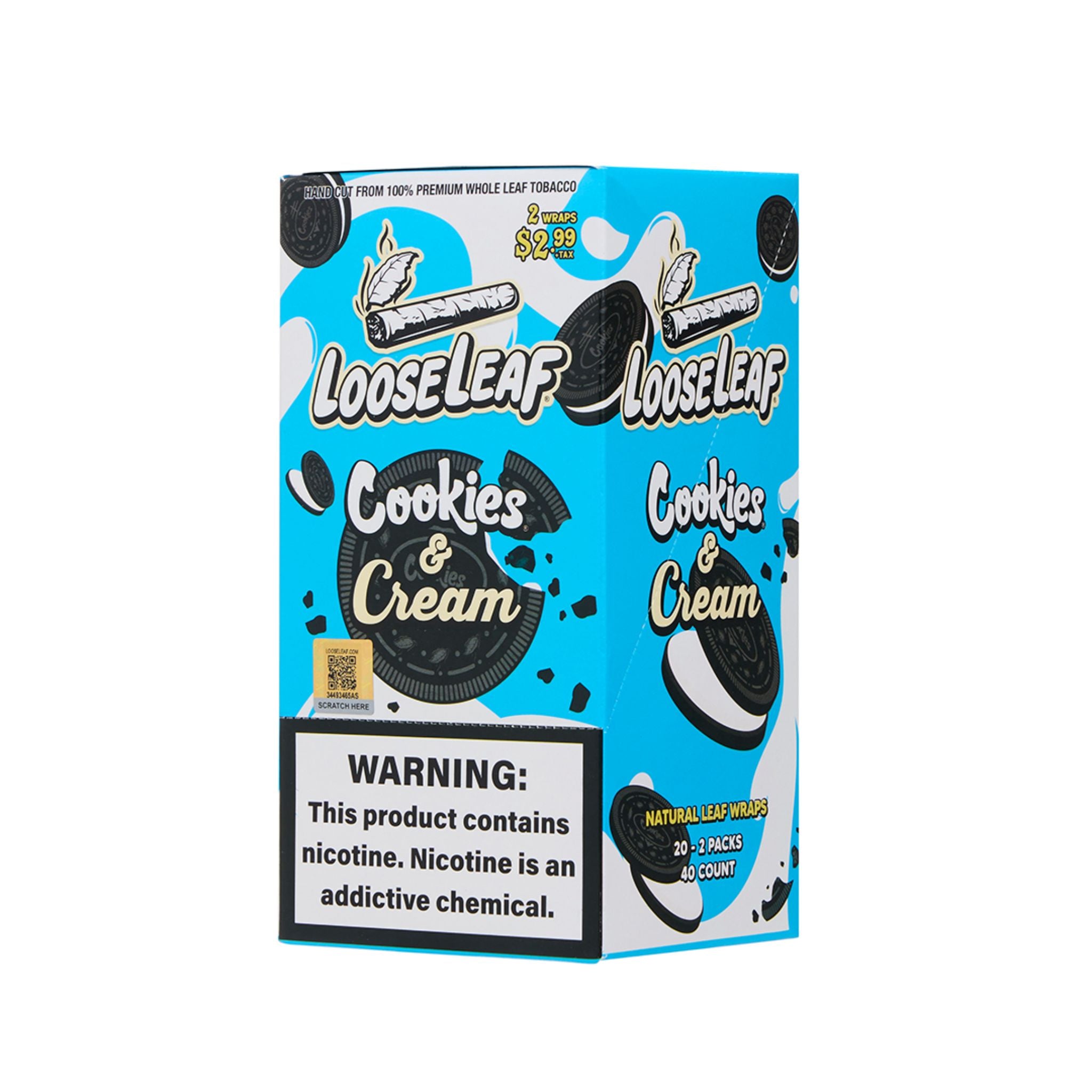 LooseLeaf Cookies & Cream rolling wraps, elegantly displayed. Premium-crafted, slow-burning wraps infused with rich flavor and effortless style.