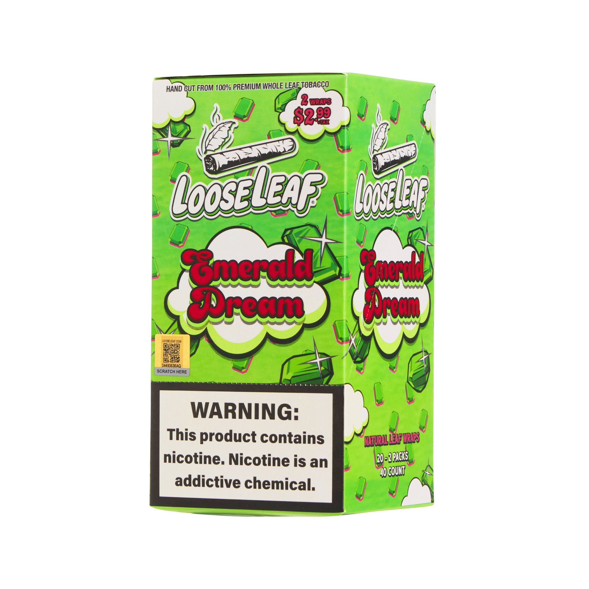 LooseLeaf Emerald Dream Dreamline Collection box, featuring 40-count natural rolling wraps. Perfectly cut for a luxury smoking experience.