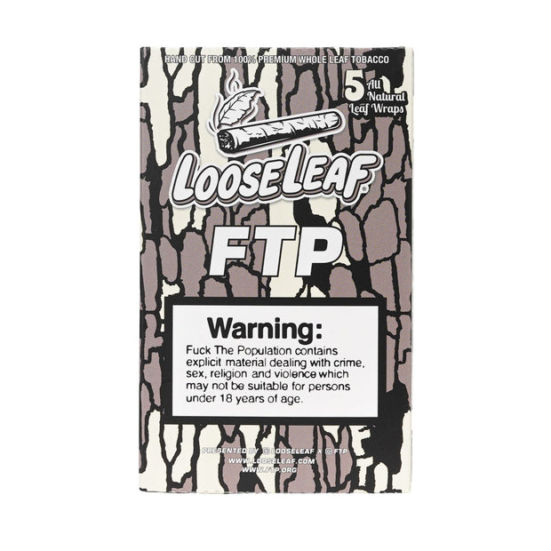 LooseLeaf FTP Wraps packaging back, highlighting premium tobacco wraps and exclusive collaboration details.