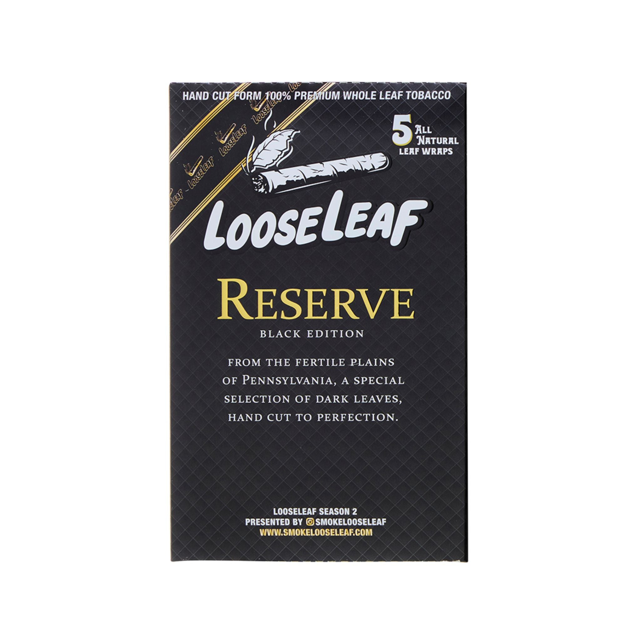 Back of LooseLeaf Reserve Black Edition Wraps box, featuring a sophisticated black and gold design with premium craftsmanship details.