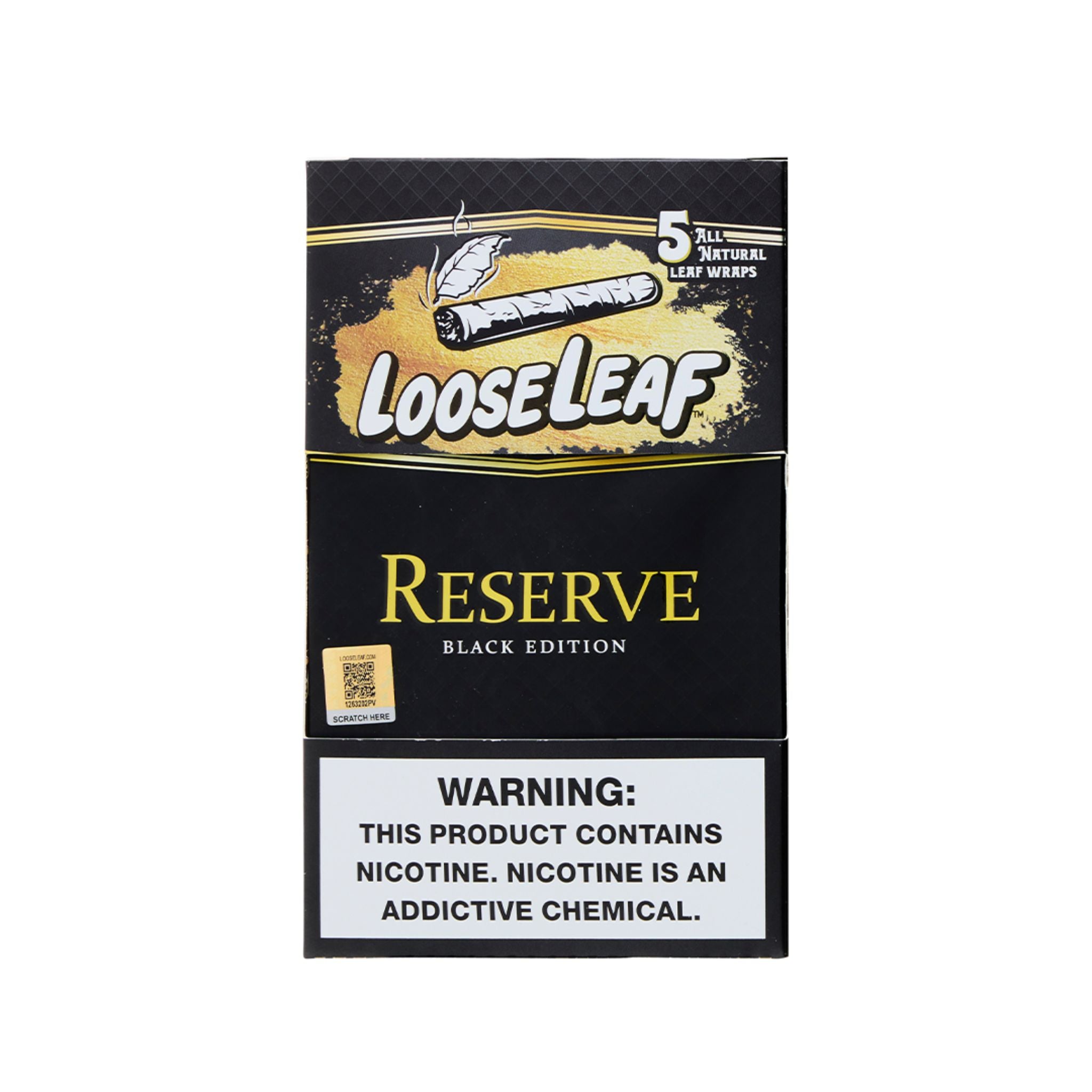 LooseLeaf Reserve Black Edition Tobacco Wraps – Sleek black and gold packaging, premium 5-pack label, and nicotine warning.