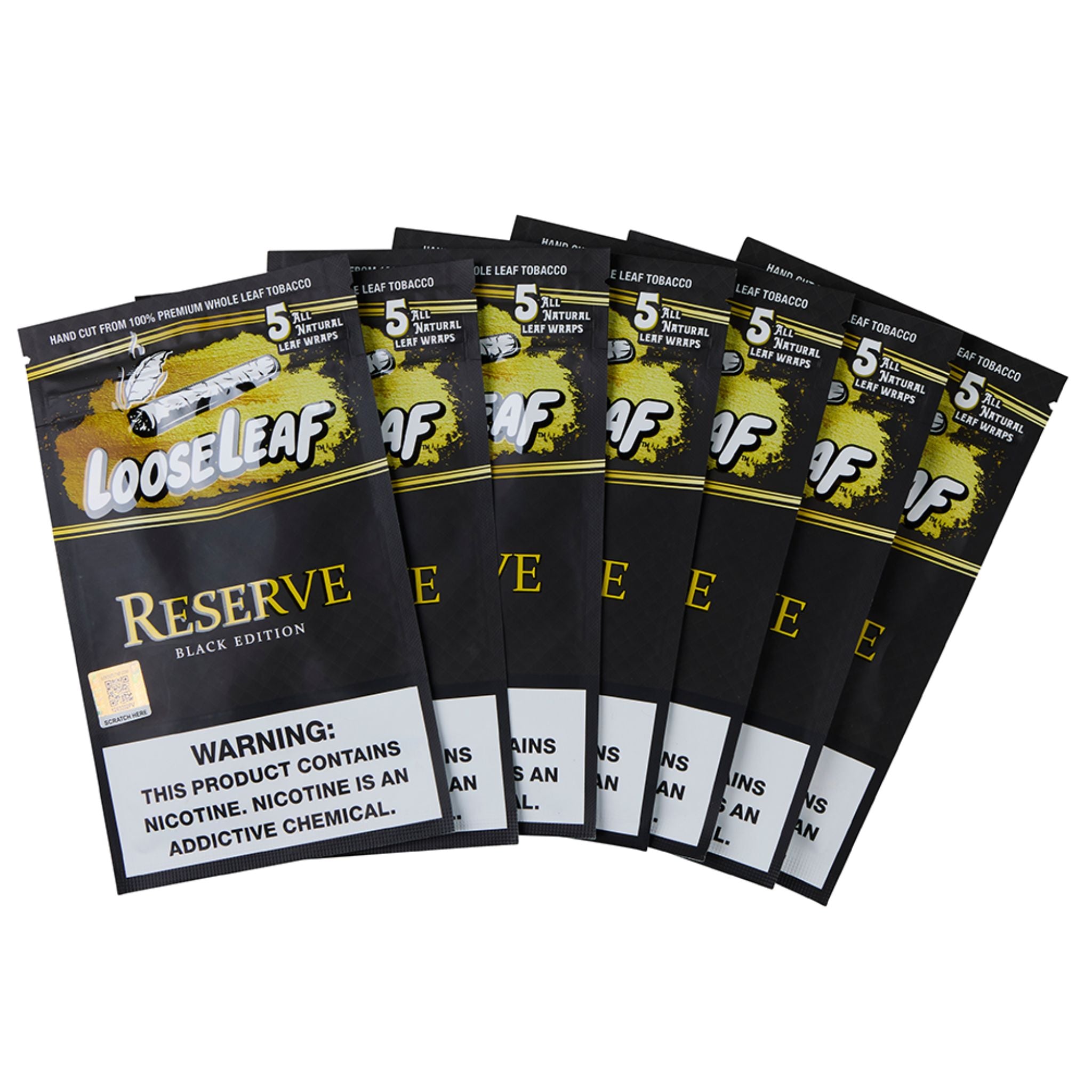 LooseLeaf Reserve Black Edition Wraps displayed in a fan arrangement, highlighting their premium dark leaf design and bold branding.