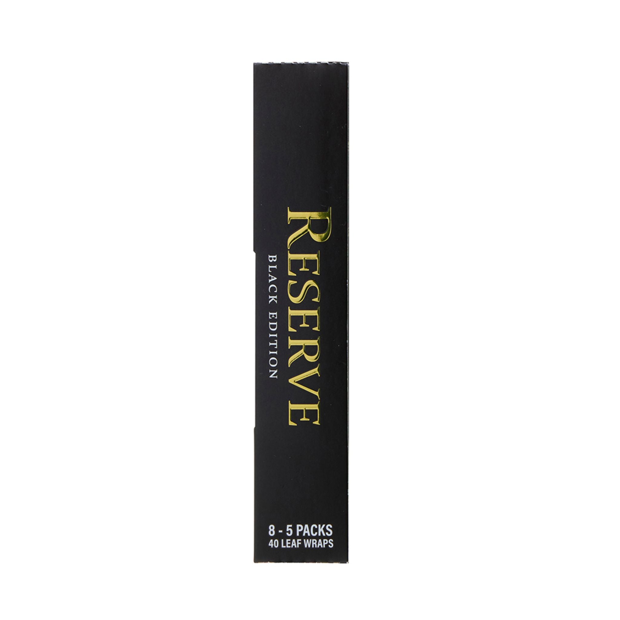Side view of LooseLeaf Reserve Black Edition Wraps box with minimalist black and gold branding and product count details.