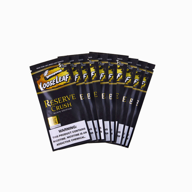 LooseLeaf Reserve Crush Black Edition packs fanned out, emphasizing premium tobacco leaf wraps and their fresh, rich flavor.