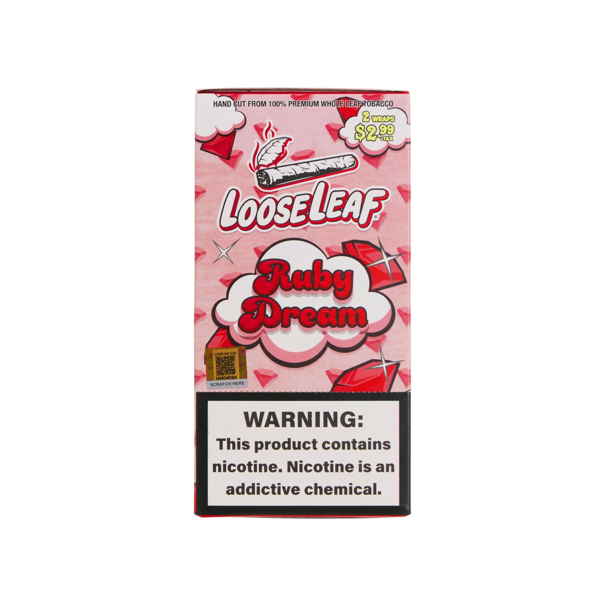 LooseLeaf Ruby Dream premium rolling wraps from the Dreamline Collection, crafted for a smooth-smoking experience. Features a bold red and pink design with a nicotine warning label.