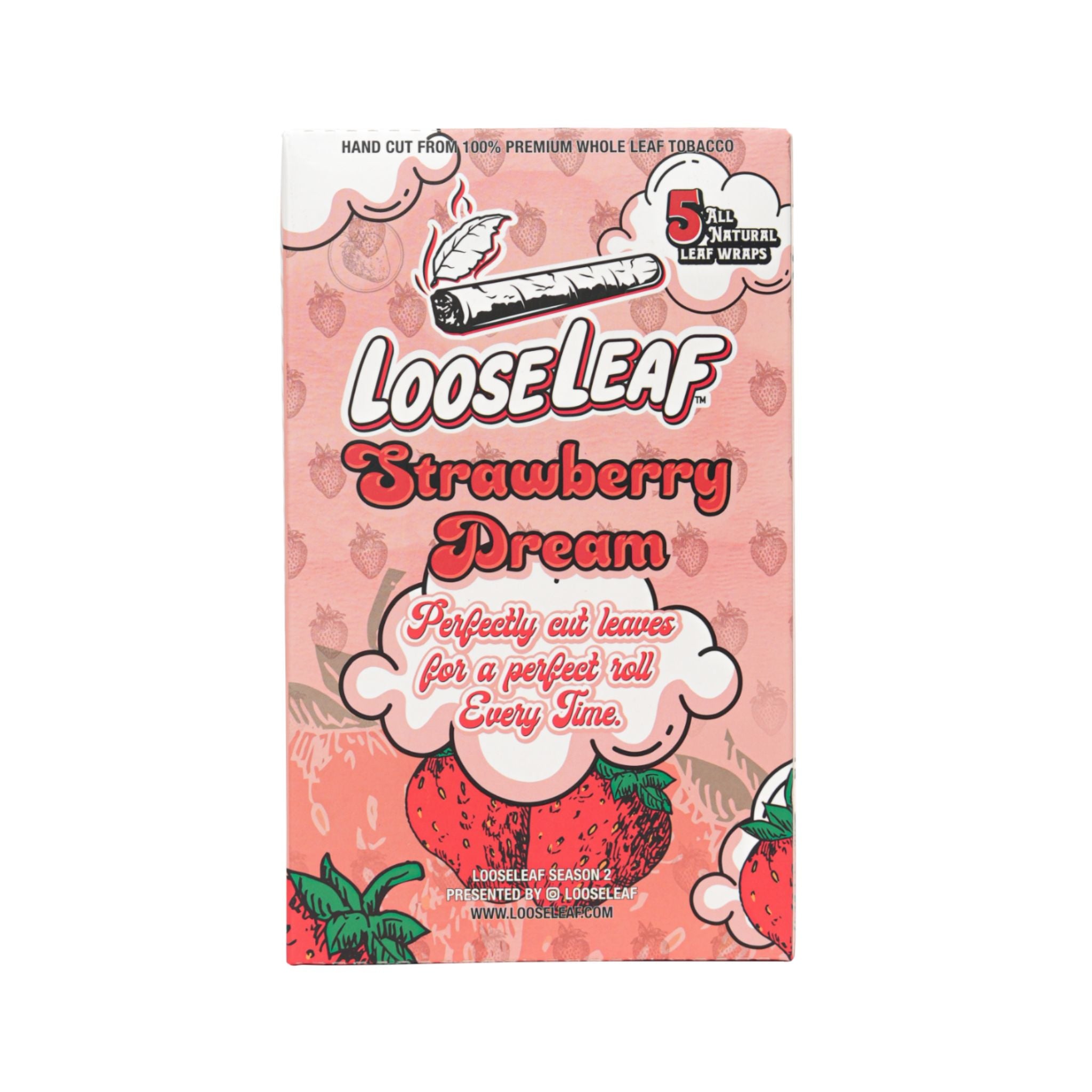 Back of LooseLeaf Strawberry Dream Wraps box, featuring product details and a vibrant strawberry-themed background.
