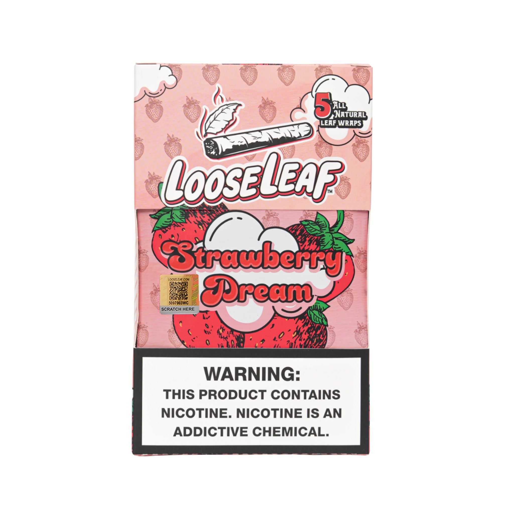 LooseLeaf Strawberry Dream Tobacco Wraps – 5-pack with a pink strawberry-themed design and bold branding.