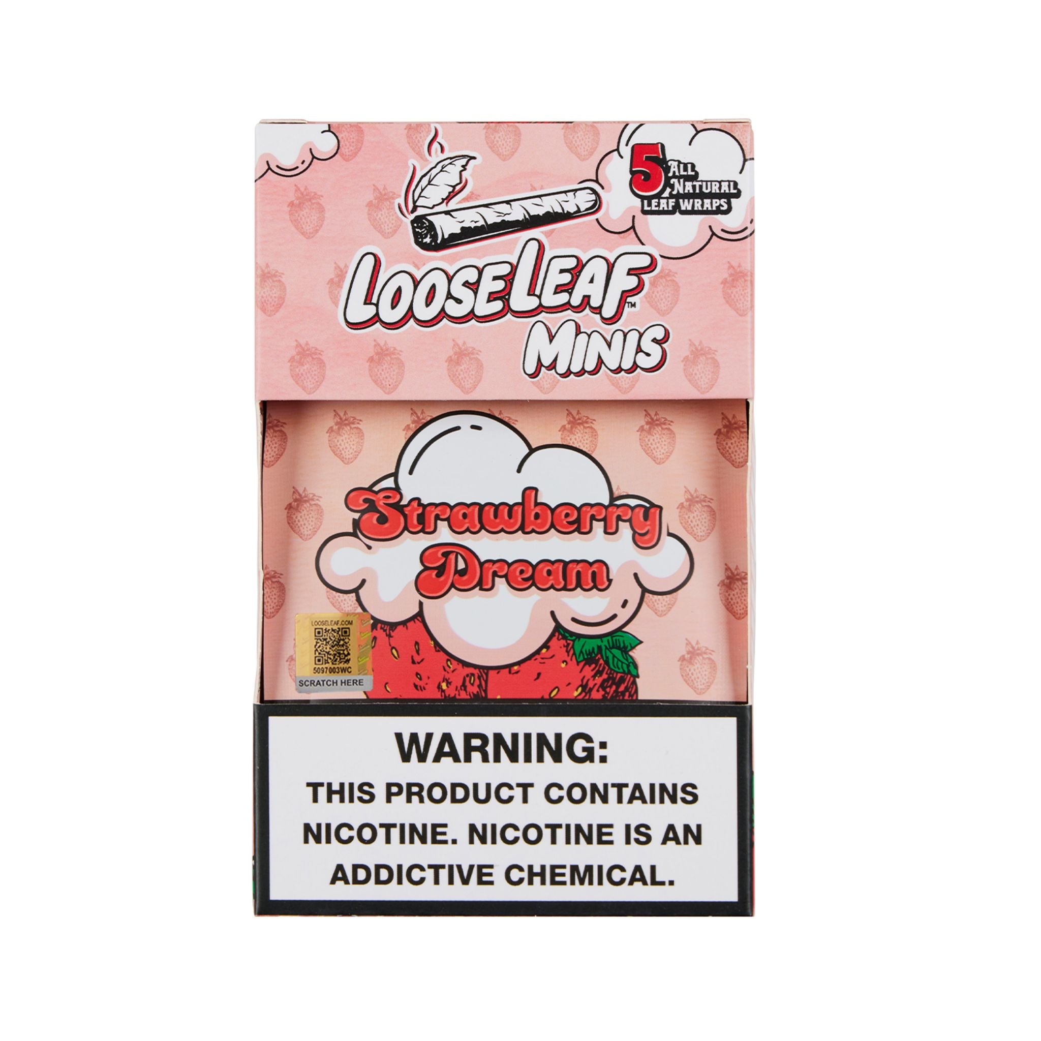 LooseLeaf Minis Strawberry Dream box. All-natural, slow-burning wraps infused with the sweet and tangy essence of ripe strawberries for a smooth smoking experience.
