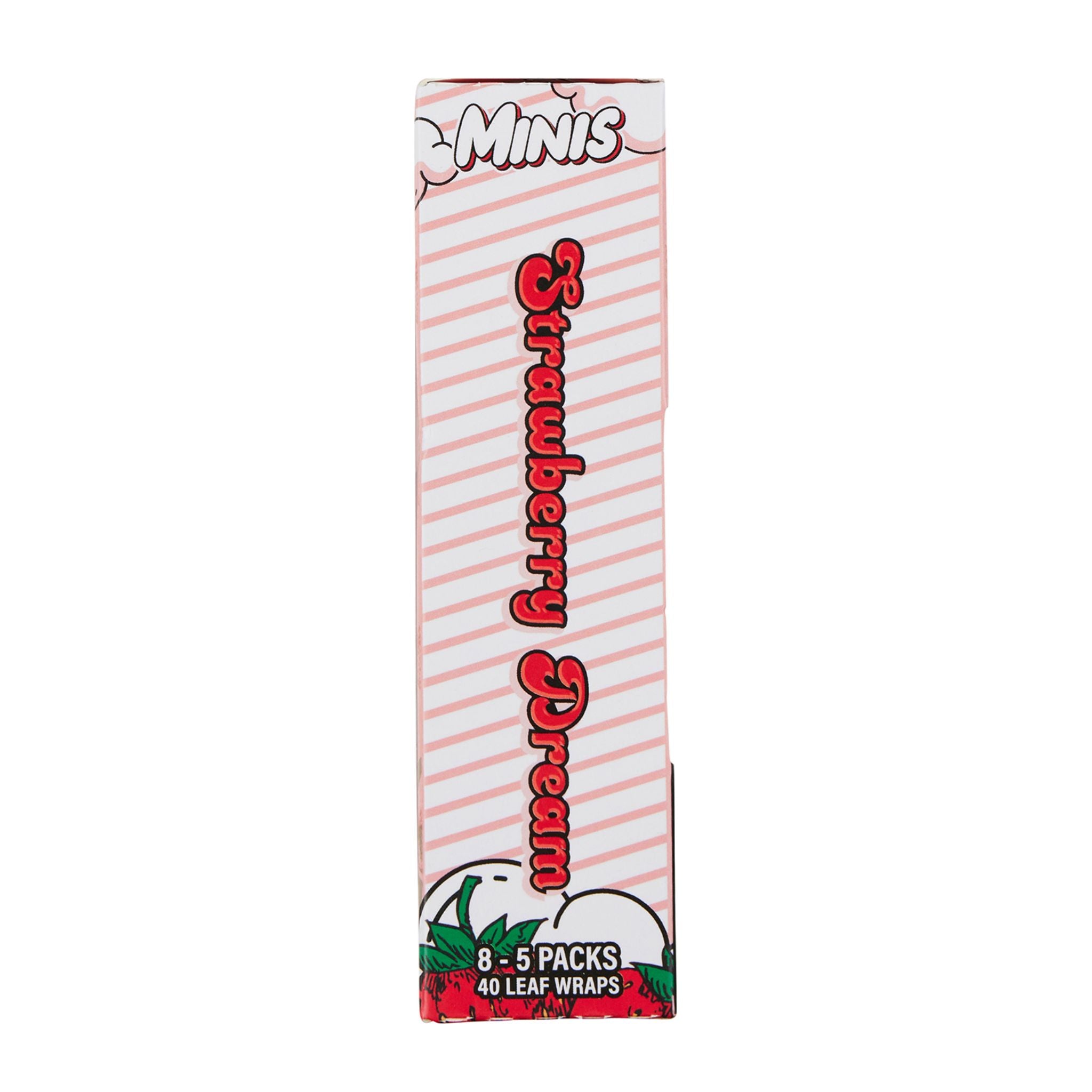 LooseLeaf Minis Strawberry Dream side packaging. A sleek pink design with strawberry accents, showcasing the vibrant, flavorful smoking experience.