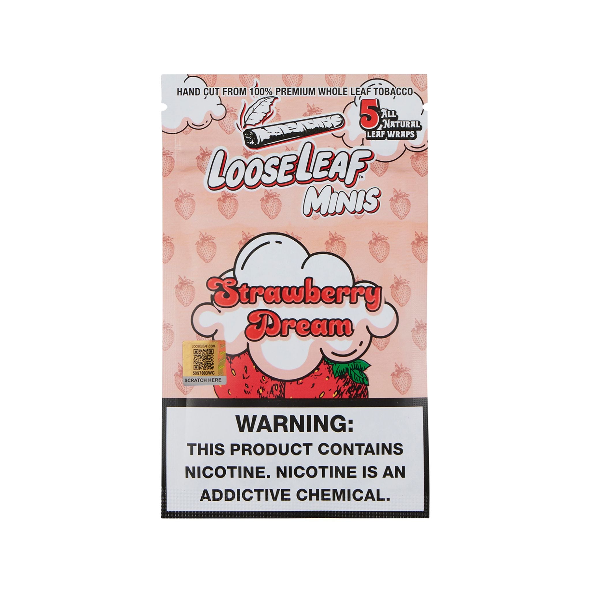 LooseLeaf Minis Strawberry Dream single pack. Compact, slow-burning leaf wraps with a smooth, tangy strawberry flavor for a rich, personal smoking experience.