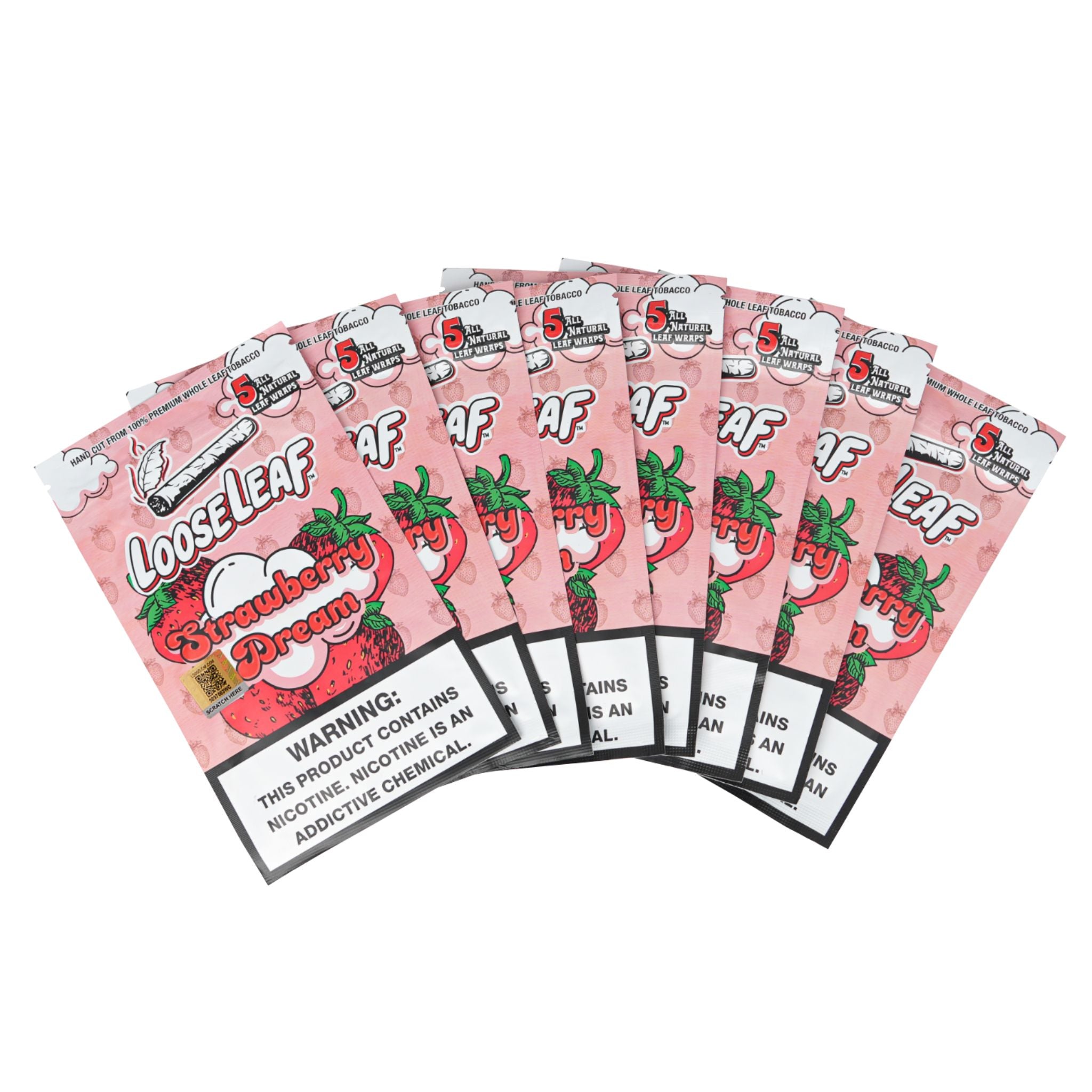 LooseLeaf Strawberry Dream Wraps displayed in a fan arrangement, showcasing the fresh, fruity packaging.