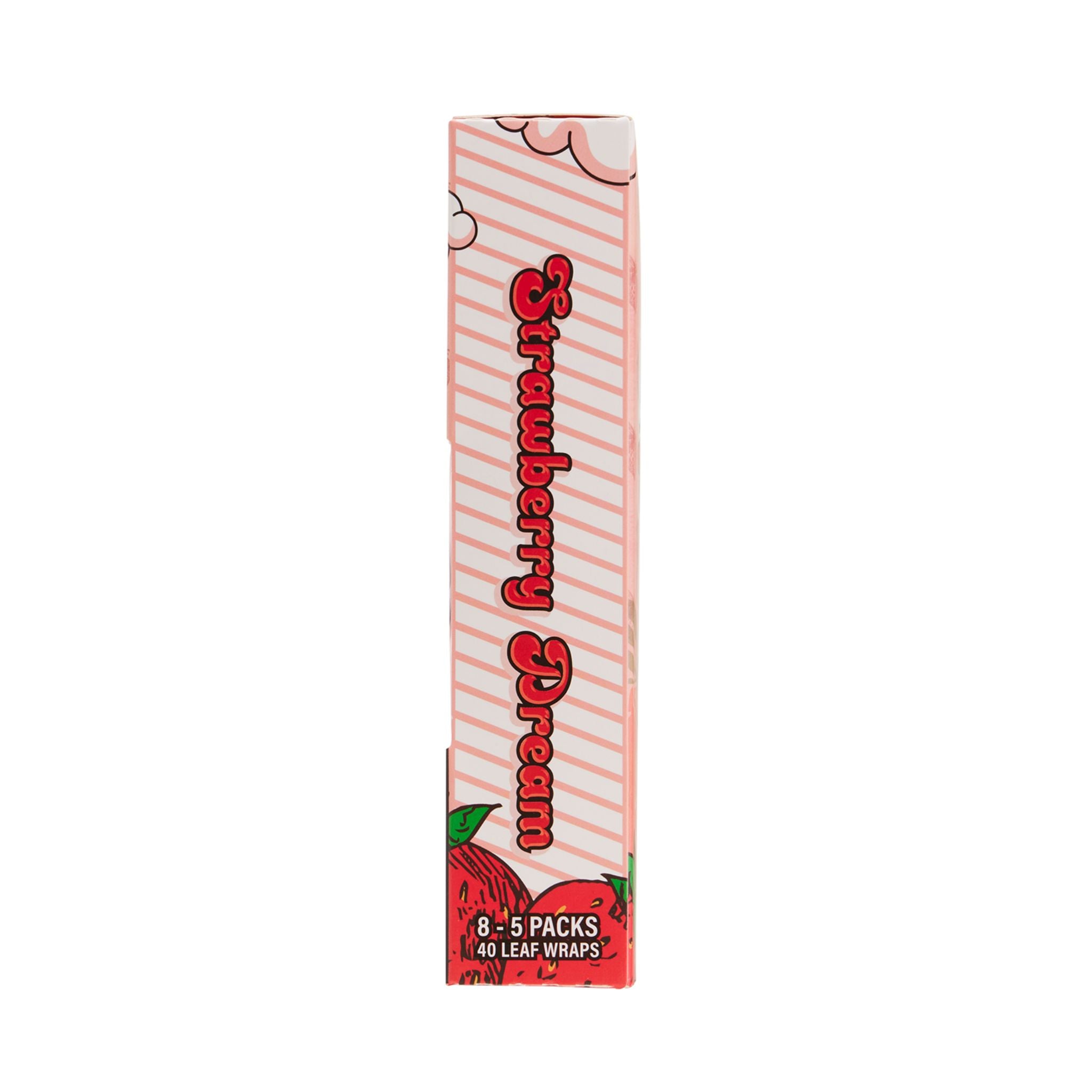Side view of LooseLeaf Strawberry Dream Wraps box with a striped pink and white pattern and red typography.