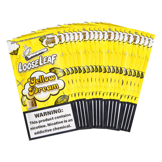 LooseLeaf Yellow Dream Dreamline Collection box, featuring 40-count natural leaf wraps. Smooth-smoking with tropical flavor and premium quality.