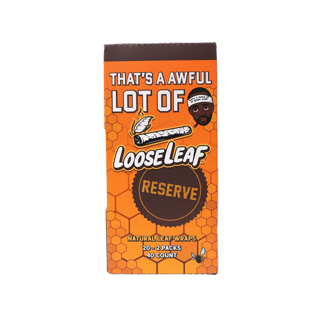 Side view of LooseLeaf Reserve Wraps 40-count box with natural leaf wrap details and premium reserve labeling.