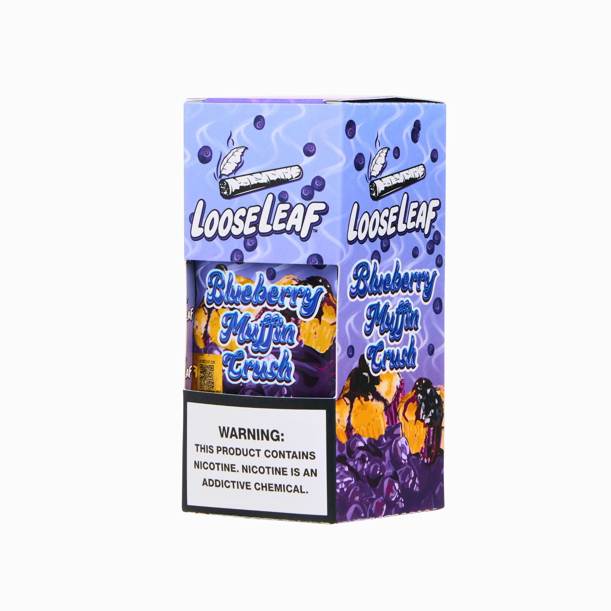 Angled side view of LooseLeaf Blueberry Muffin Crush box, highlighting its smooth-burning, flavorful tobacco blend.