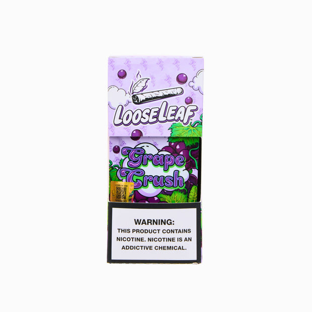 A front-facing image of Grape LooseLeaf Crush packaging, featuring vibrant purple hues, grape illustrations, and the LooseLeaf logo.