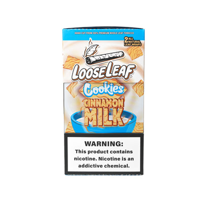LooseLeaf x Cookies Cinnamon Milk Tobacco Wraps box front showing branding and nicotine warning.
