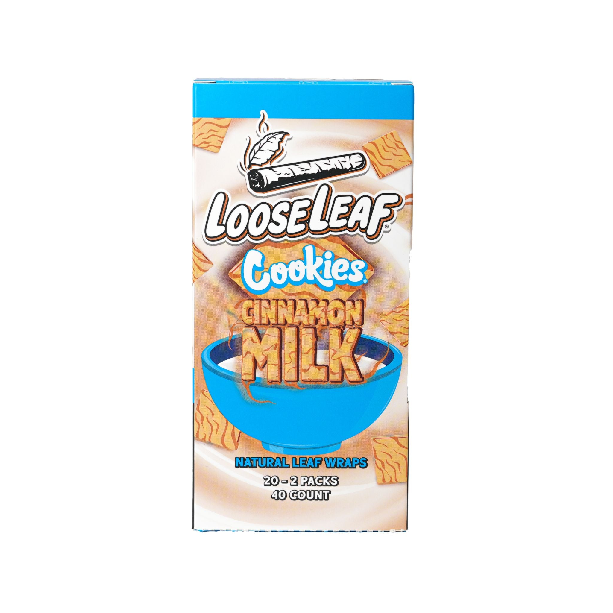 Side panel of the Cinnamon Milk wrap box featuring a cereal bowl visual with product info.