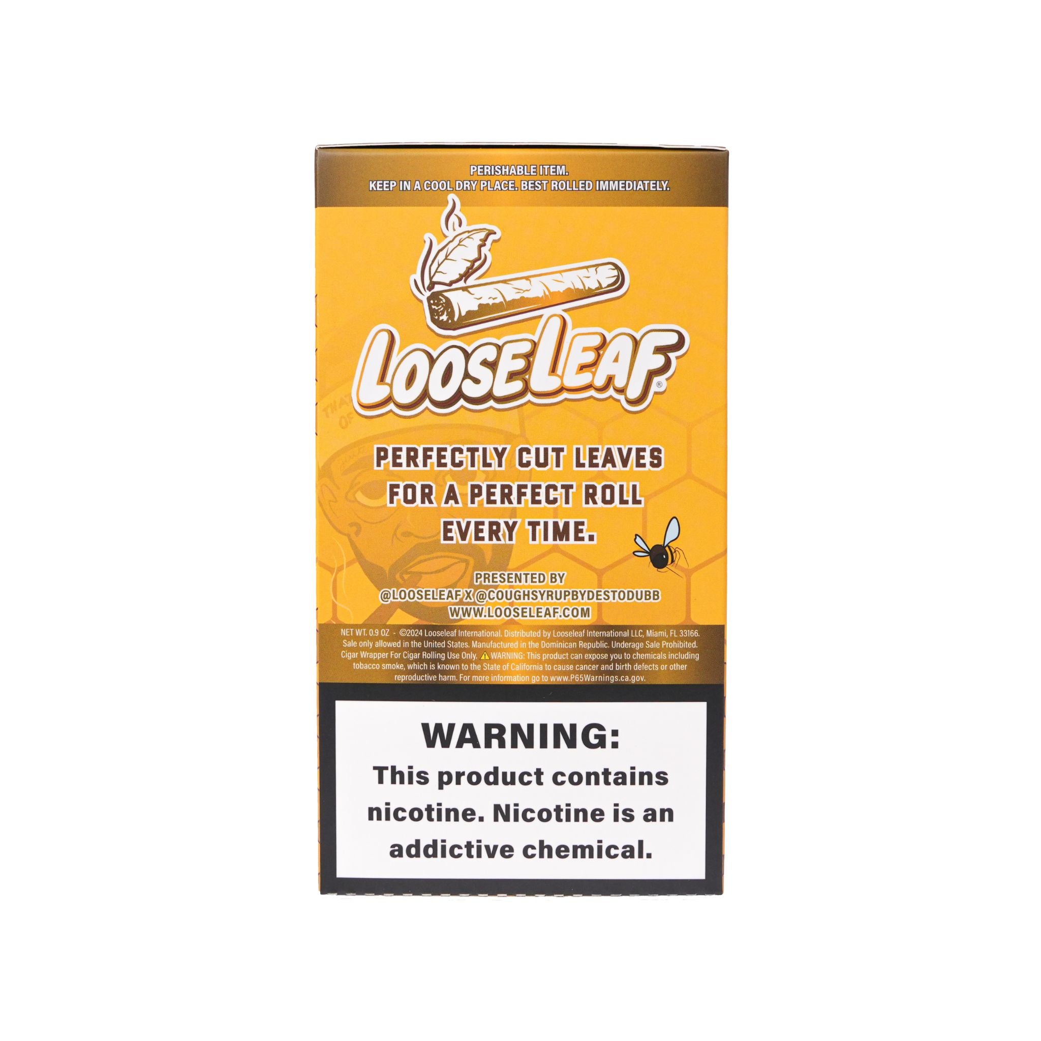 Back of LooseLeaf Gold Wraps box with product details and signature premium cut leaf messaging