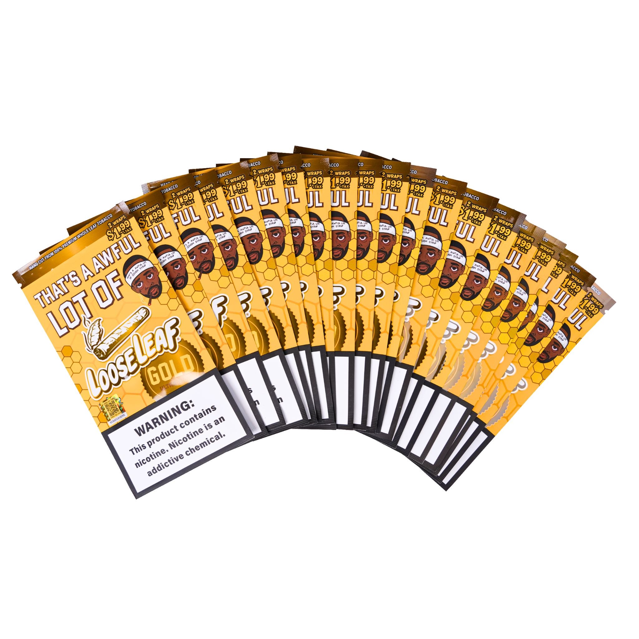 Fan display of LooseLeaf Gold Wrap 2-packs featuring ultra thin design and Desto Dubb collaboration packaging