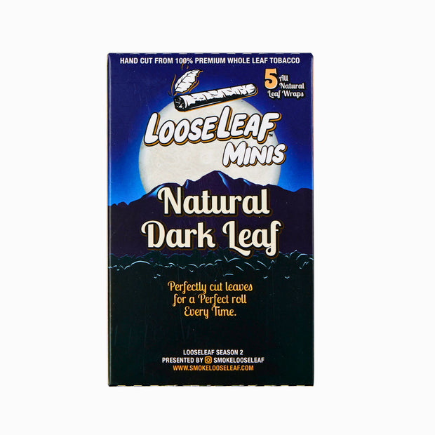 Back of LooseLeaf Natural Dark Leaf Minis packaging with product details and branding
