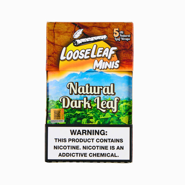 Front view of LooseLeaf Natural Dark Leaf Minis box, showcasing product name and nicotine warning