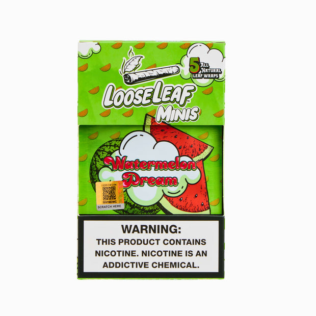 Front of Watermelon Dream Minis 5-pack by LooseLeaf, featuring bold green packaging with watermelon slices and nicotine warning.