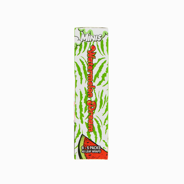 Side panel of Watermelon Dream Minis box showing branding and pack quantity over a watermelon rind pattern.