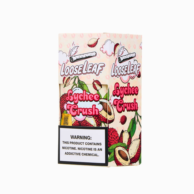 Angled shot of Lychee LooseLeaf Crush packaging, highlighting its exotic flavor and premium-quality leaf wraps.