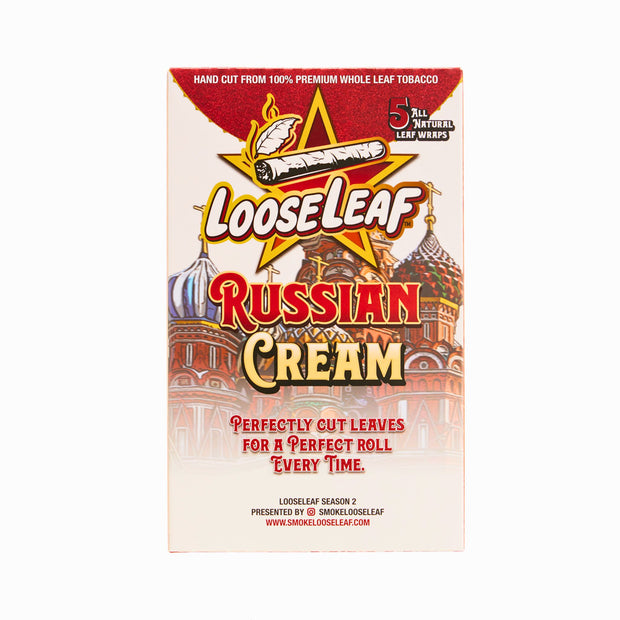Back of LooseLeaf Russian Cream Wraps box, highlighting product details with a St. Basil’s Cathedral illustration and luxury-inspired branding.