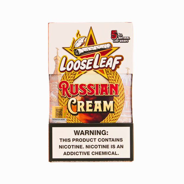 LooseLeaf Russian Cream Tobacco Wraps – 5-pack featuring a white and gold design with bold branding and a St. Basil&
