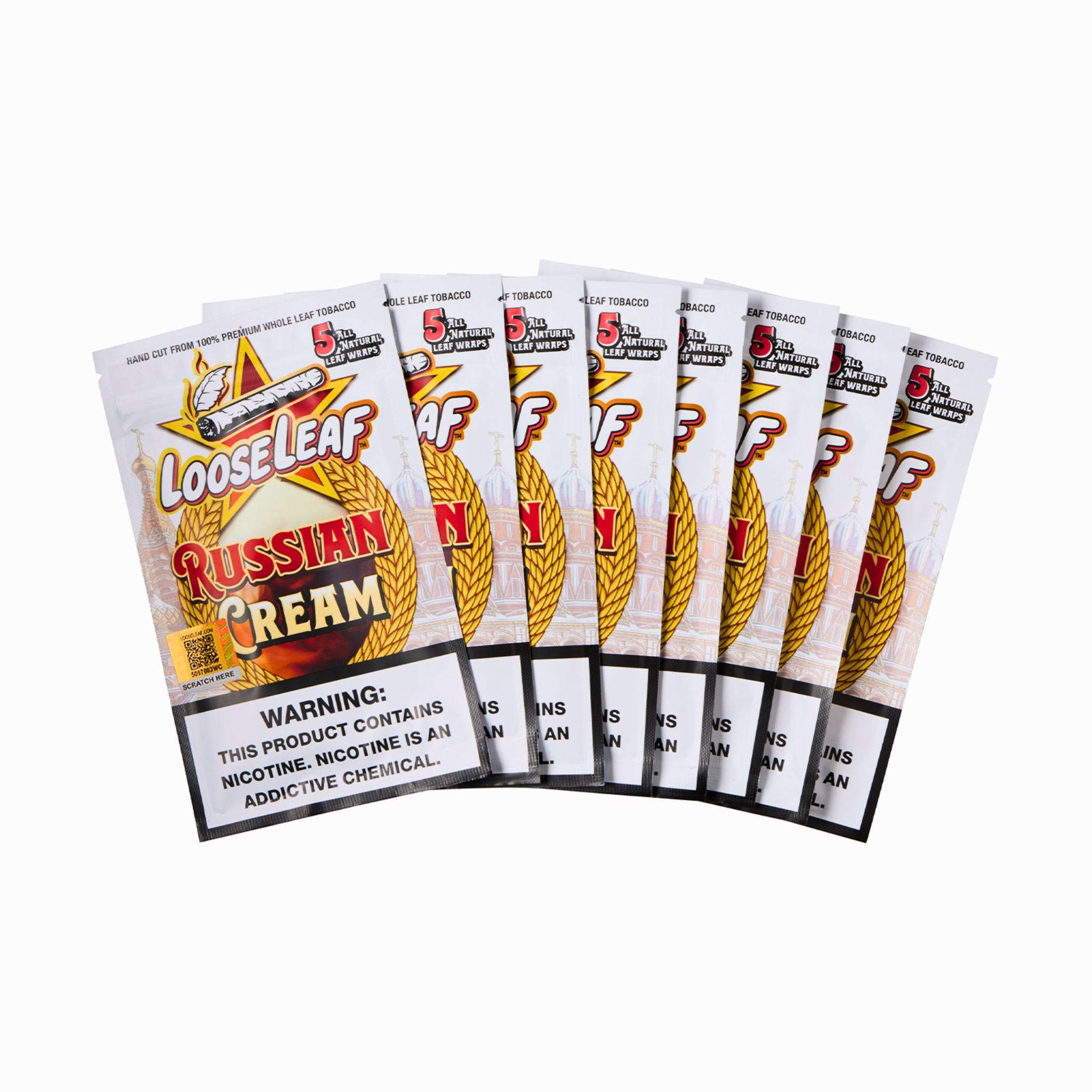 LooseLeaf Russian Cream Wraps arranged in a fan display, showcasing the premium packaging with a classic cream and gold aesthetic.