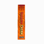 Side view of LooseLeaf Russian Cream Wraps box with a rich woodgrain background and bold red and gold typography.
