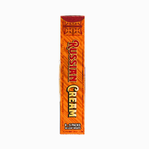 Side view of LooseLeaf Russian Cream Wraps box with a rich woodgrain background and bold red and gold typography.